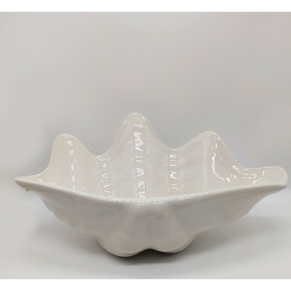 Vintage Porcelain Mid Century Footed White Clam Shell Bowl Decor By Hall